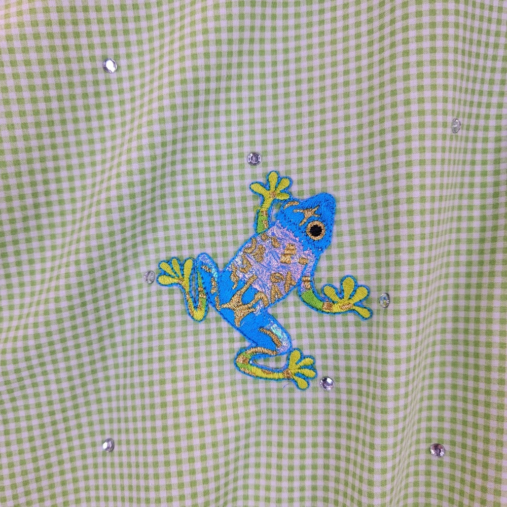Las Olas Shirt Womens M Green Gingham Embroidered Frog Button Up Short Sleeve - Picture 5 of 12